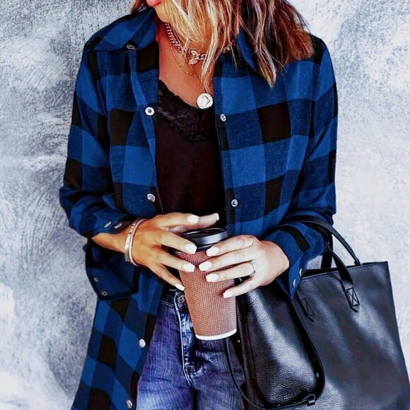 Tops - Blue Casual Women's Plaid Long Sleeve Loose Casual Blouse